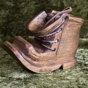 Vintage Hand Carved Wooden Shoe with Leather Laces